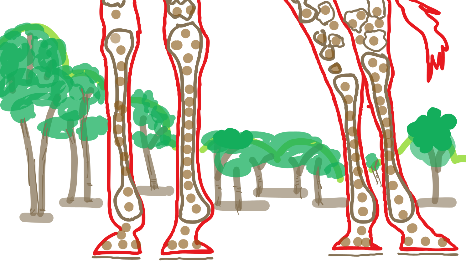 A drawing of legs and trees Description automatically
generated